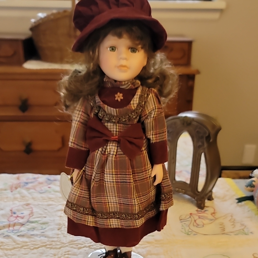 Elegant Handmade Porcelain Doll In Burgundy Plaid Doll with Hat